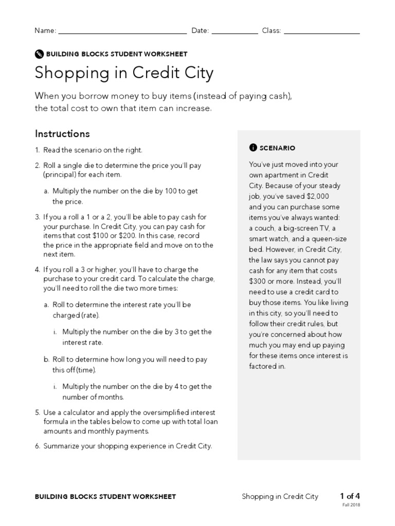 CFPB Building Block Activities Shopping Credit City Worksheet 1 PDF Interest Credit