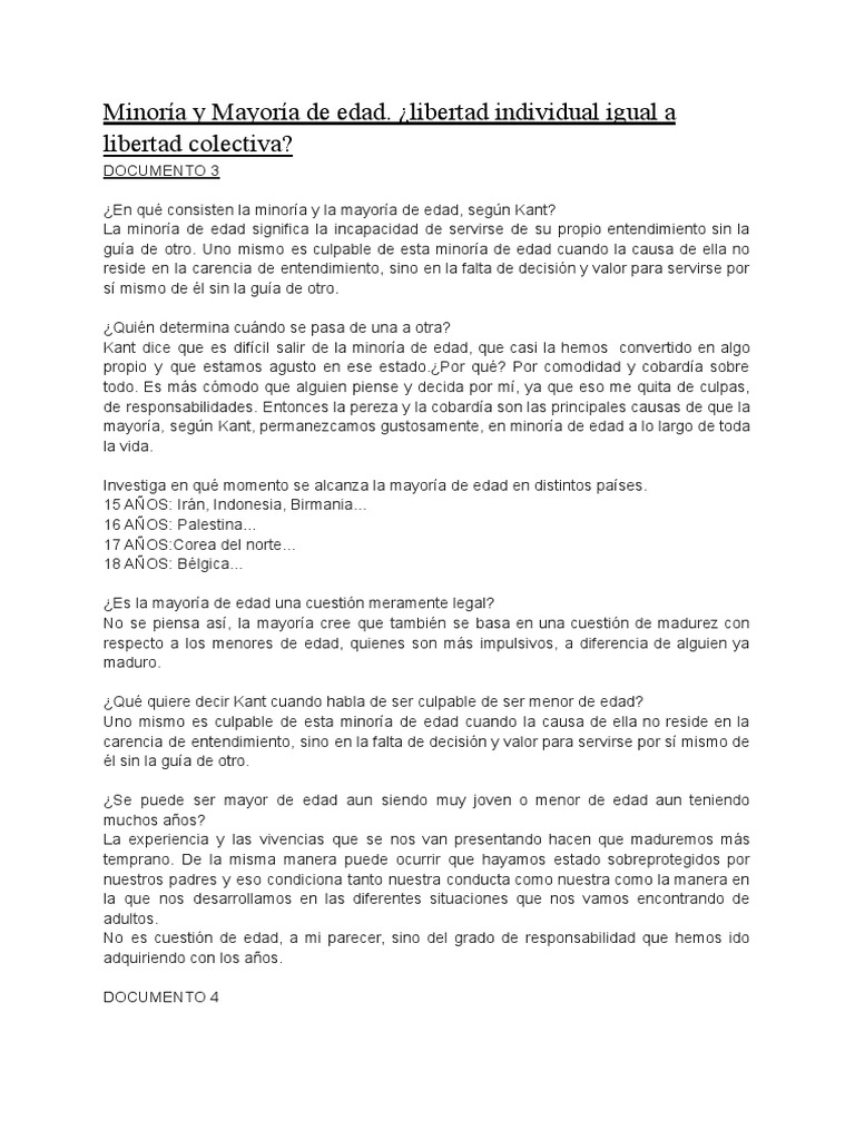 Mayoría de edad según Kant y países | PDF | Menor (ley) | Libertad