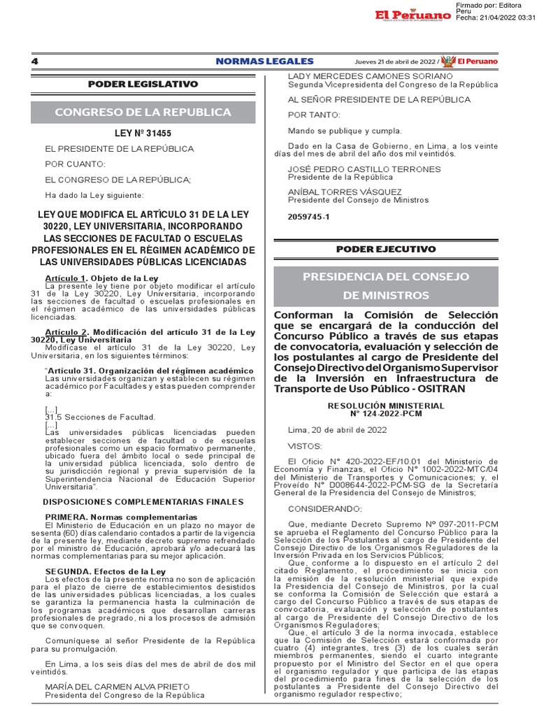 Ley Que Modifica El Articulo 31 de La Ley 30220 Ley Univers Ley N 31455 ...