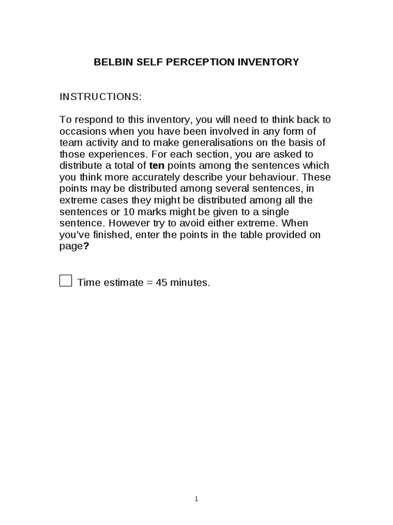 Belbin Self-Perception Inventory Guide | PDF | Thought | Cognition