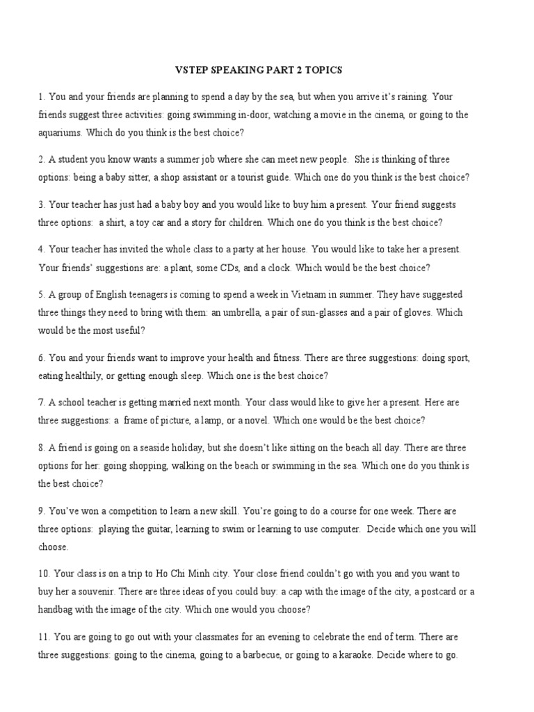 Vstep Speaking Part 2 Topics | PDF | Compact Disc