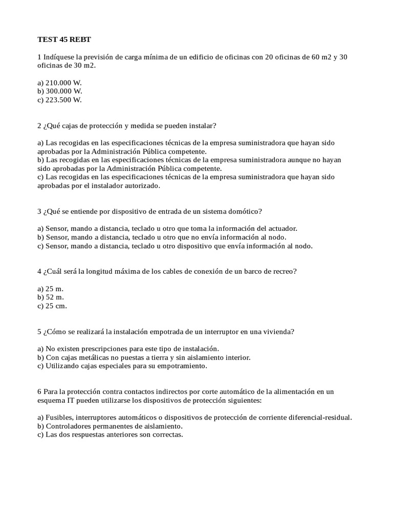 Test 45 REBT: Preguntas y Respuestas | PDF | Corriente eléctrica ...