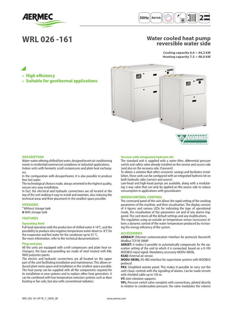 Aermec WRL 026-161H | PDF | Heat Pump | Pump