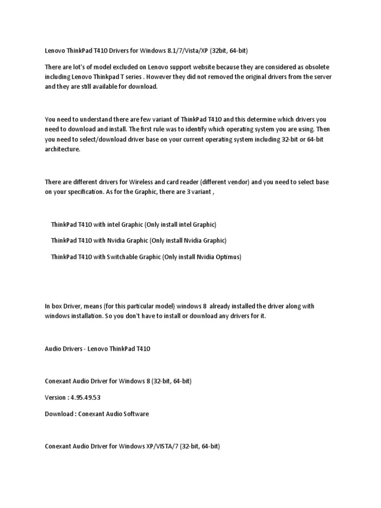 Lenovo ThinkPad T410 Drivers For Windows 8 PDF Windows Vista