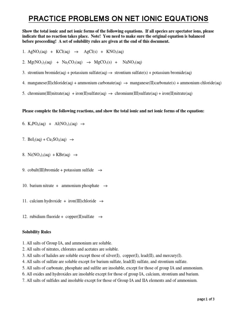 Net Ionic Equations Practice Problems | PDF | Salt (Chemistry) | Solubility