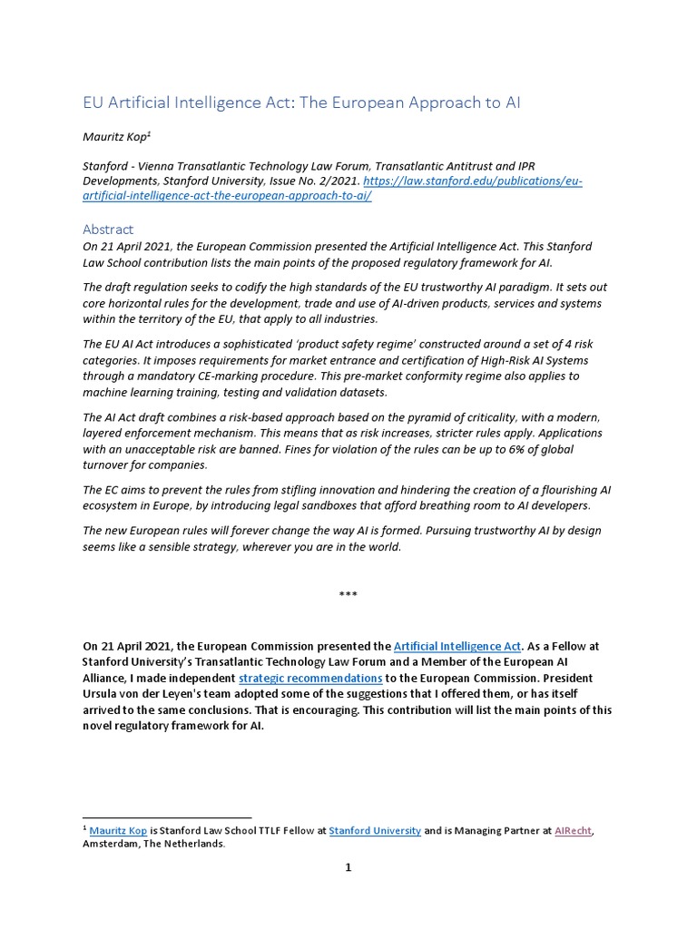 Eu Artificial Intelligence Act The European Approach To Ai Pdf