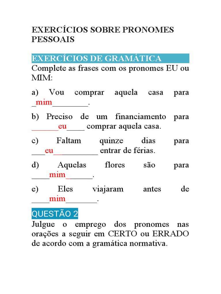 Exercícios de Pronomes Pessoais | PDF