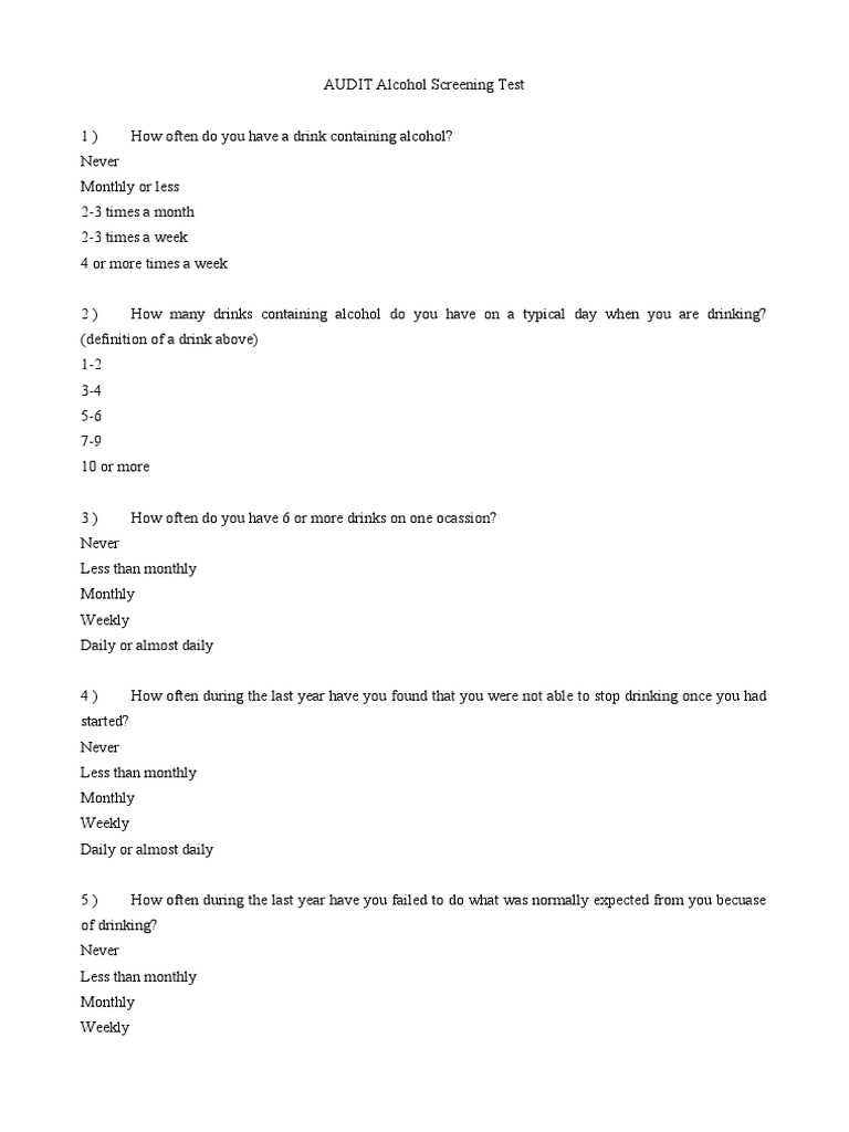 AUDIT Alcohol Screening Test PDF Alcoholism Mental Disorder