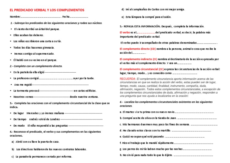 El Predicado Verbal y Los Complementos | PDF | Verbo | Predicado ...