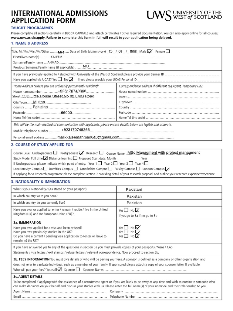 UWS Application Form PDF Travel Visa Race And Ethnicity In The