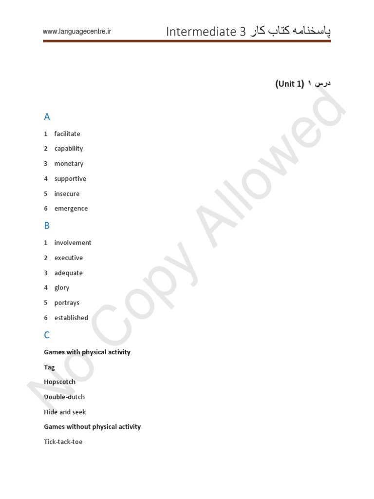 Intermediate 3 Workbook Answer Key Unit1 | PDF