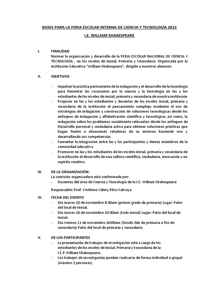 Bases para La Feria Escolar Interna de Ciencia y Tecnología 2022 | PDF ...