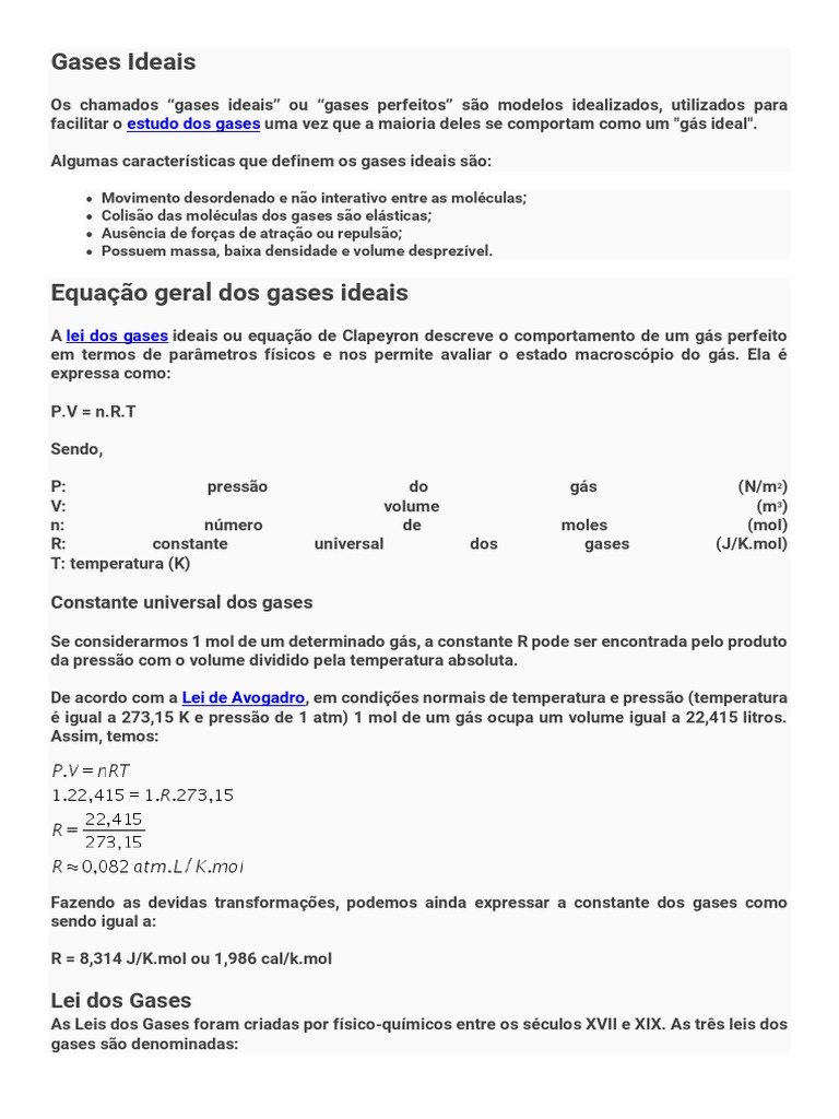 Caracter sticas E Leis Dos Gases Ideais PDF Gases Temperatura