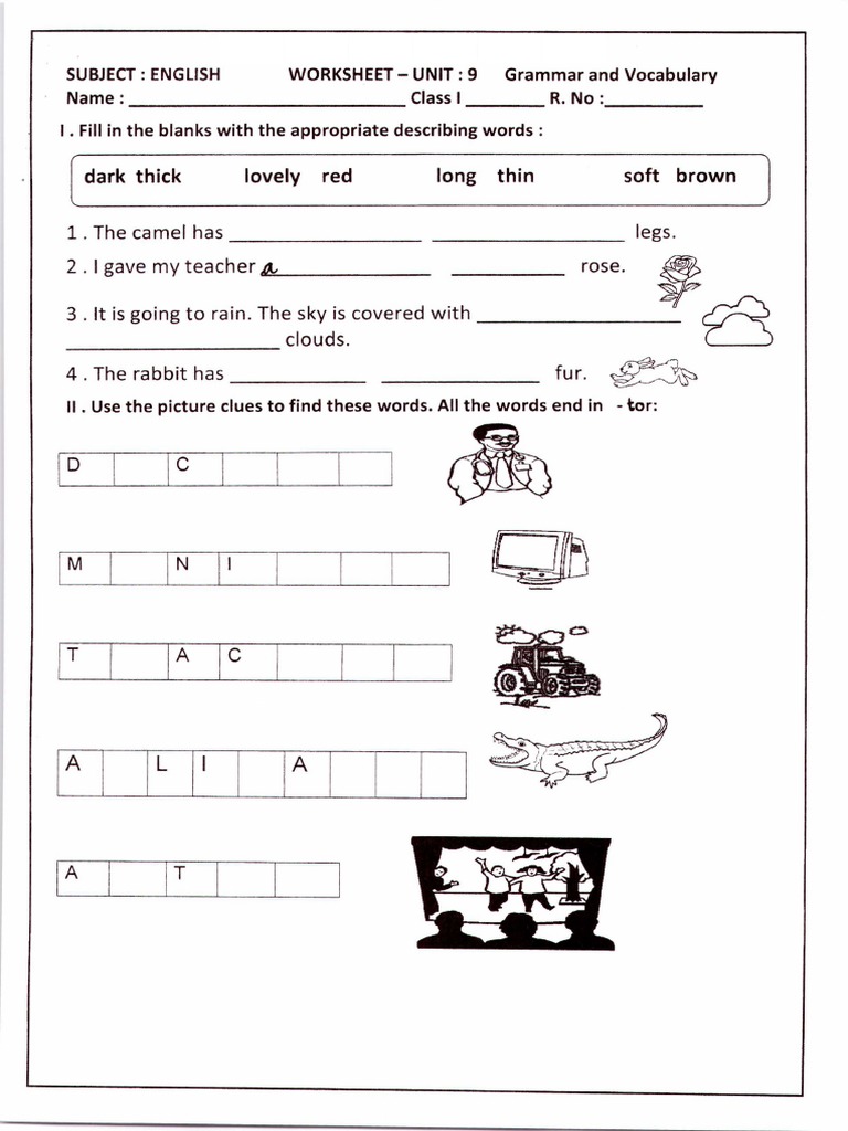 CBSE Class 1 English Worksheets (29) Grammer and Vocabulary PDF