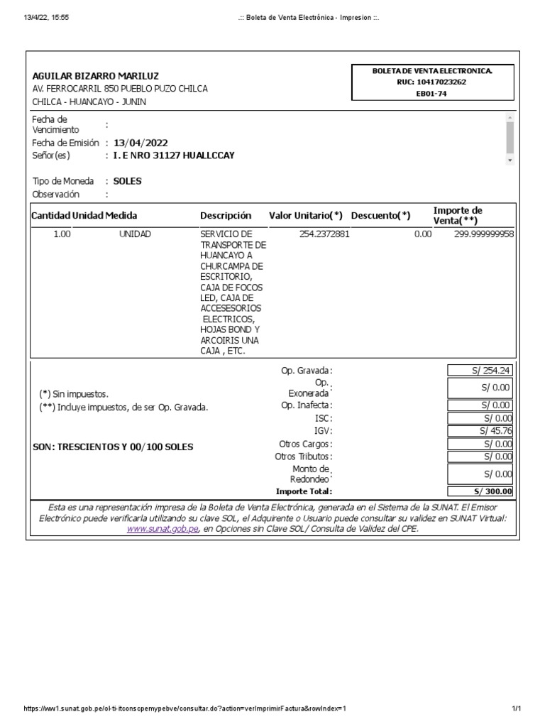 Boleta de Venta Electrónica SUNAT | PDF