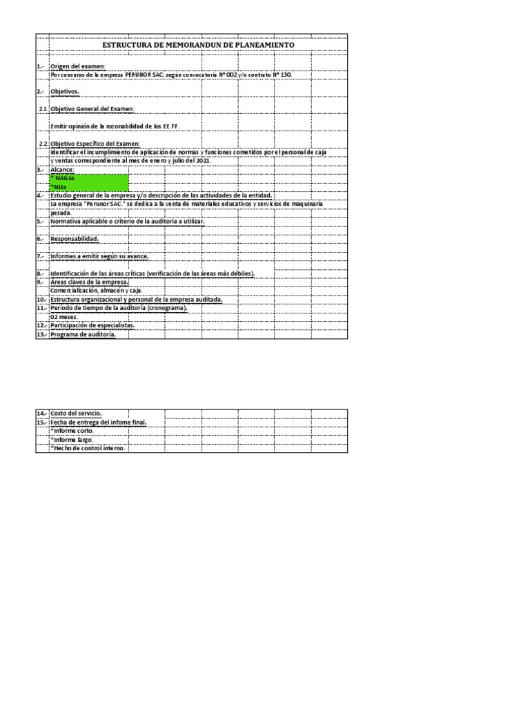 Estructura Del Memo de Planea de Auditoría PDF Estado de resultados