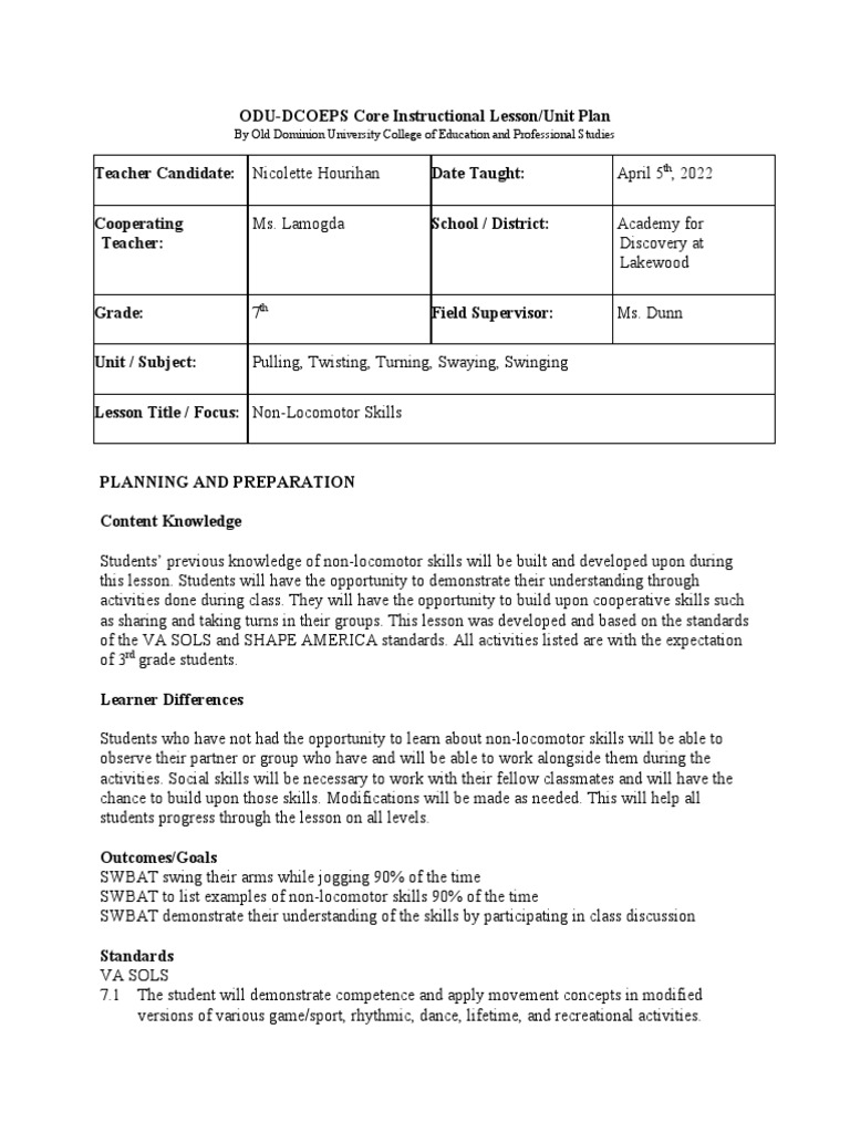Dceps Lesson Plan Non Locomotor Skills Pdf Learning Teachers