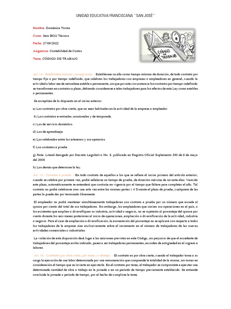 Código de Trabajo Ecuatoriano Estabilidad Laboral y Jornada Máxima PDF Salario Economias