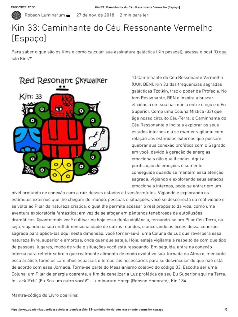 Kin 33 - Caminhante Do Céu Ressonante Vermelho (Espaço) | PDF ...