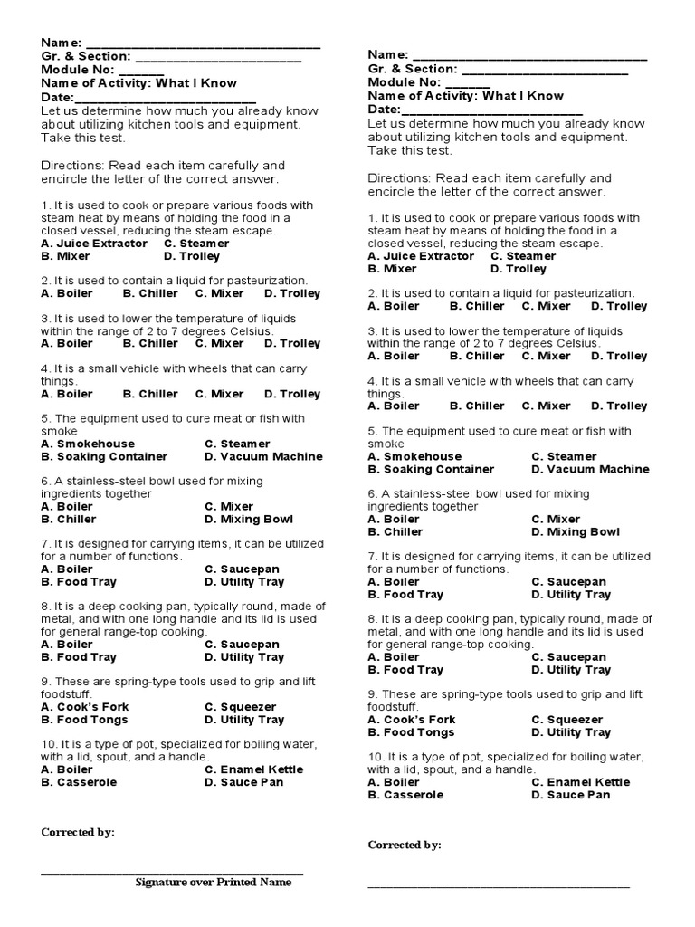 TLE 8 Module 1 Assessment PDF Foods Steam