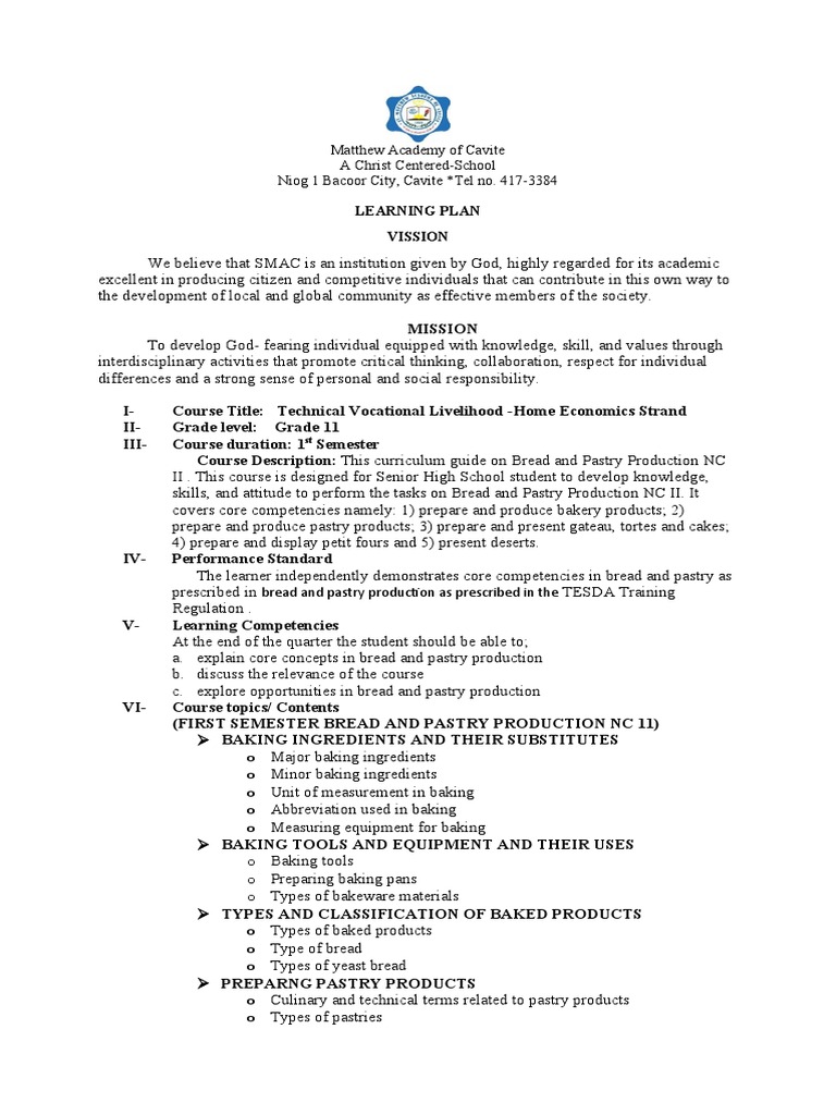 Syllabus in BPP1 Grade 11 PDF Cakes Baking