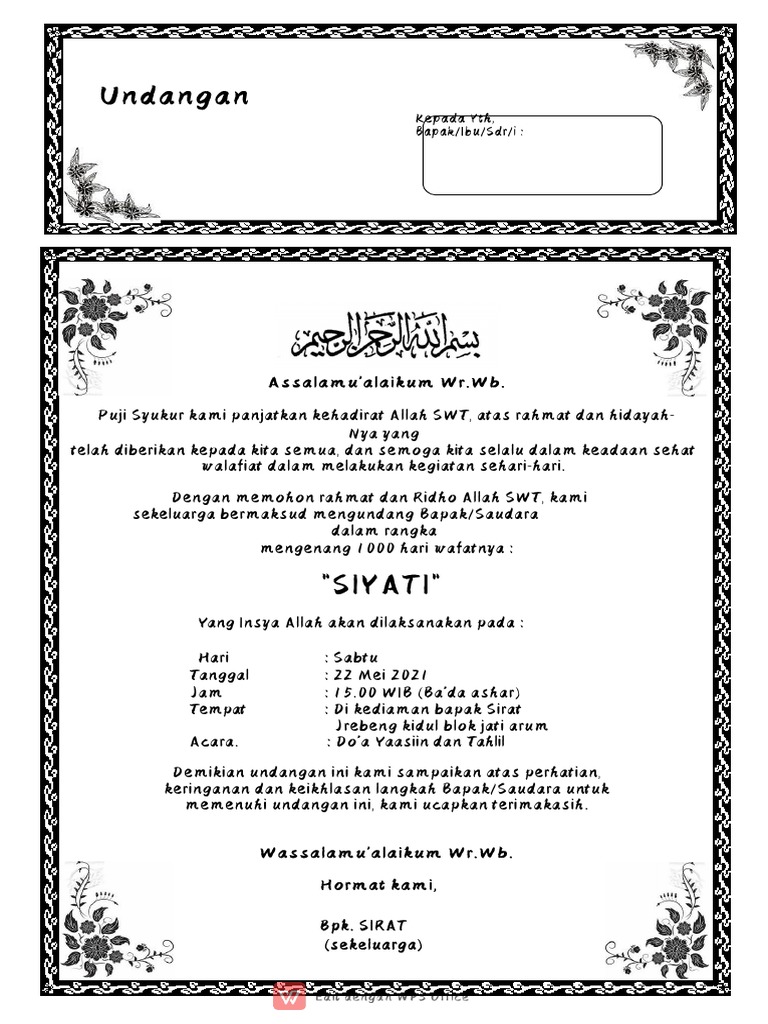 Contoh Surat Undangan Tahlil 40 100 1000 Hari Hauldoc | PDF