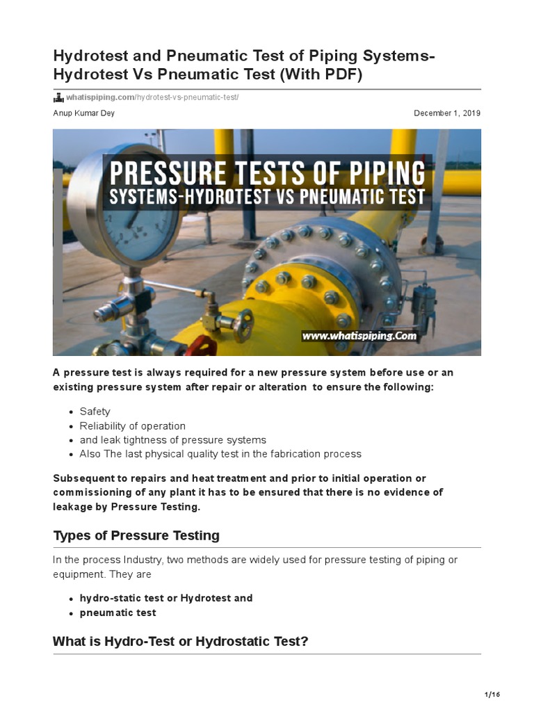 Hydrotest and Pneumatic Test of Piping SystemsHydrotest Vs Pneumatic