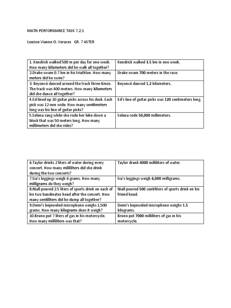 7th Grade Math Performance Task | PDF