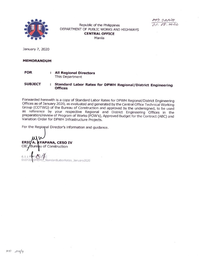 DPWHMemo 097.7 010720 Standard Labor Rates NCR 2020 1 | PDF | Computers