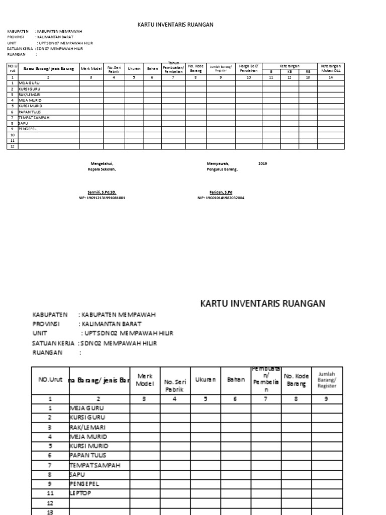 Kartu Inventaris Ruangan Sekolah | PDF