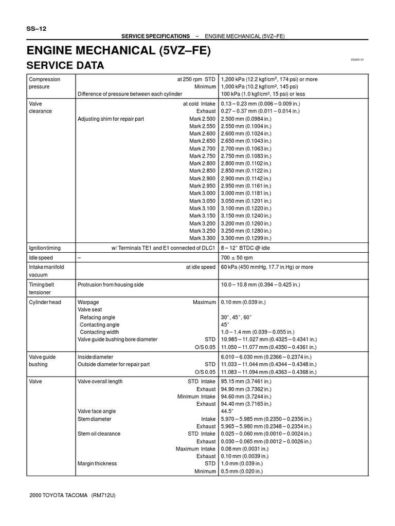 2000 Tacoma Engine Specs Guide | PDF | Piston | Engines