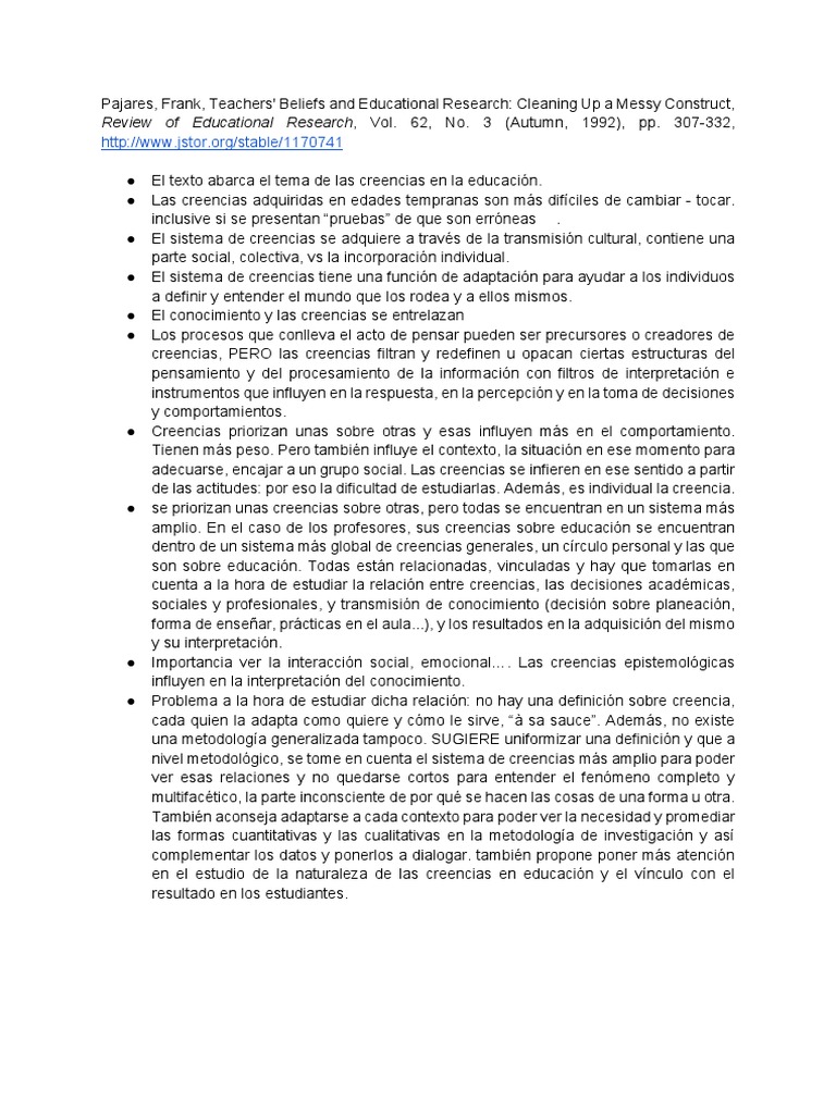 Resumen pajares frank teachers beliefs and educational research
