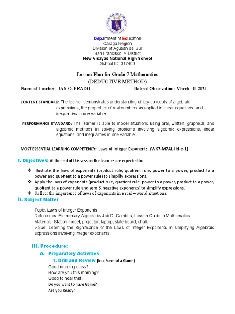 Laws of Exponents Lesson Plan for Grade 7 | PDF | Exponentiation ...