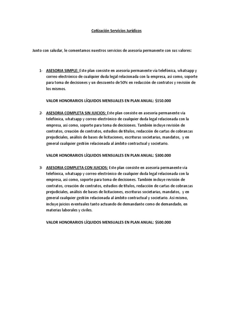 Cotización Servicios Jurídicos Planes Fijos - Gabriel Jorquera | PDF