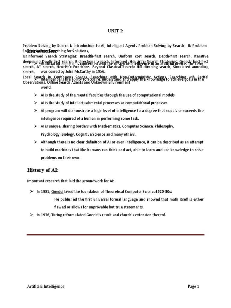 Unit I Pdf Artificial Intelligence Intelligence Ai Semantics