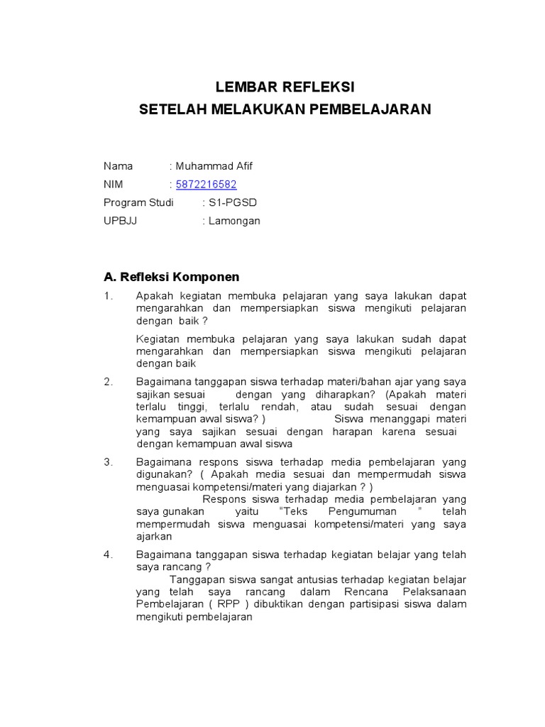 Refleksi Pembelajaran Muhammad Afif | PDF | Karier & Perkembangan
