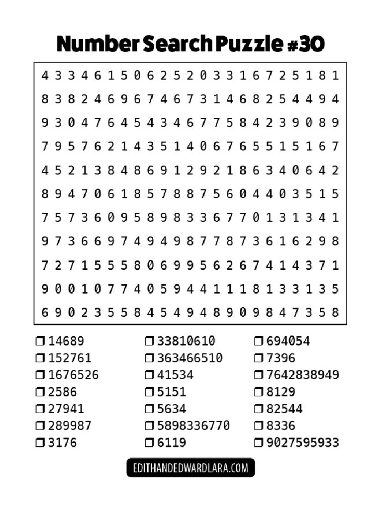 Number Search Puzzle Number 30 PDF