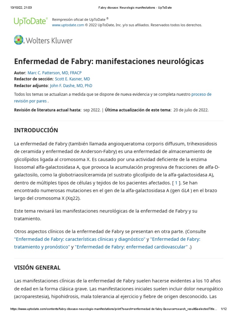 Fabry Disease Neurologic Manifestations UpToDate PDF Carrera