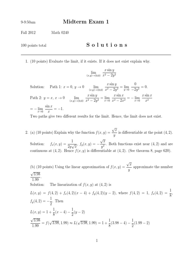 E1 (0240) 9am Slns Fall 2012 | PDF | Plane (Geometry) | Equations