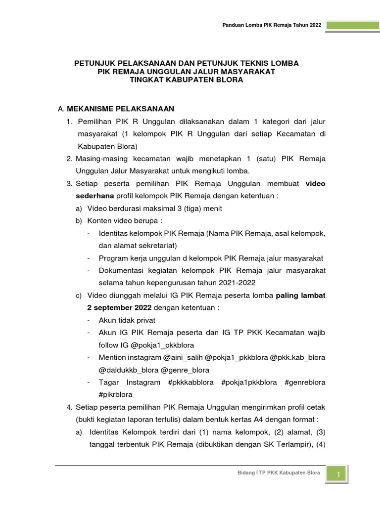 Panduan Lomba PIK Remaja 2022 Blora | PDF