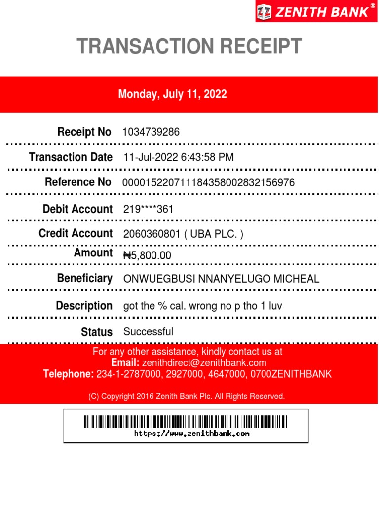 UBA Transaction Receipt - July 2022 | PDF