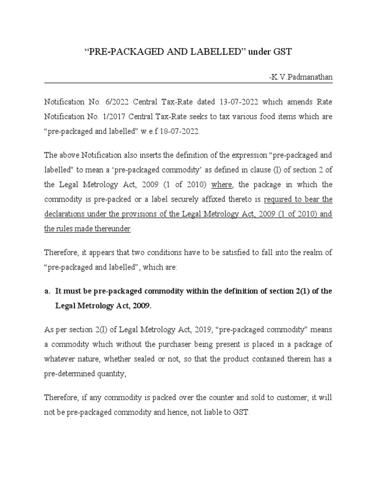 GST On PrePackage and Labelled PDF Retail Value Added Tax