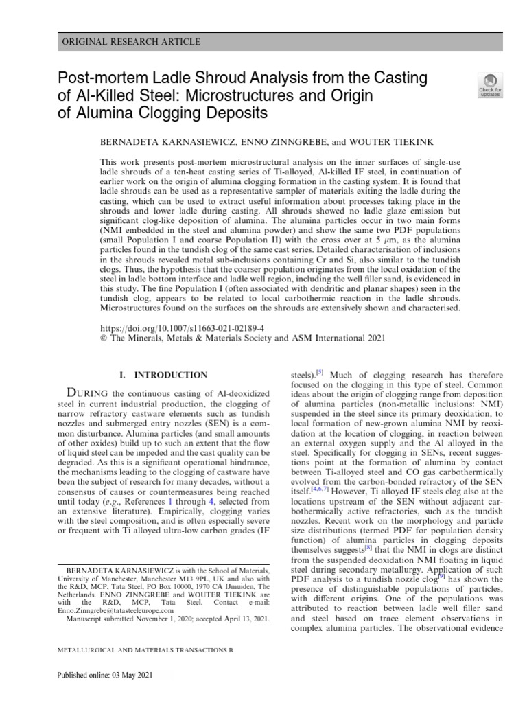 PostMortem Ladle Shroud Analysis From The Casting of AlKilled Steel