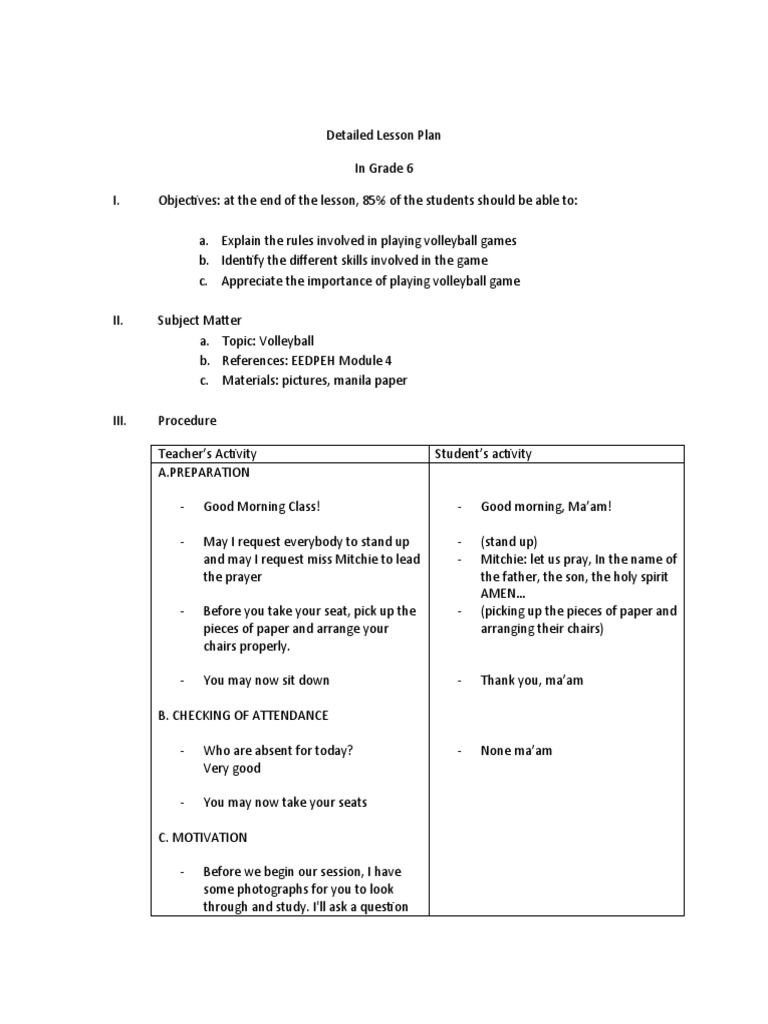 Detailed Lesson Plan... PDF Volleyball