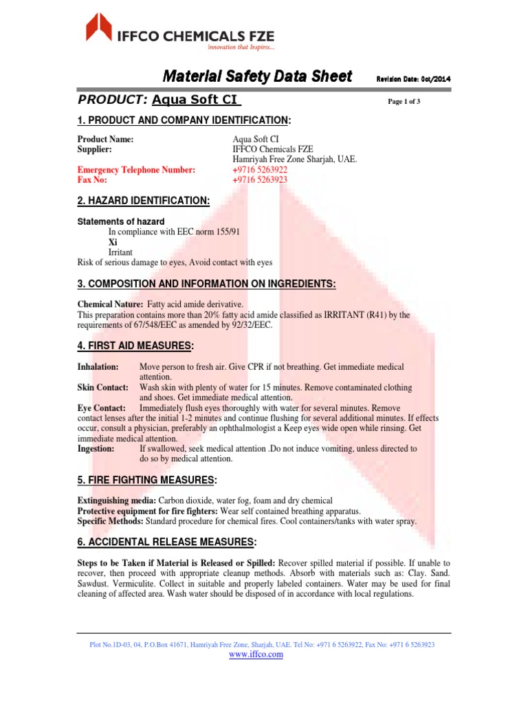 Material Safety Data Sheet for Aqua Soft CI PDF Toxicity