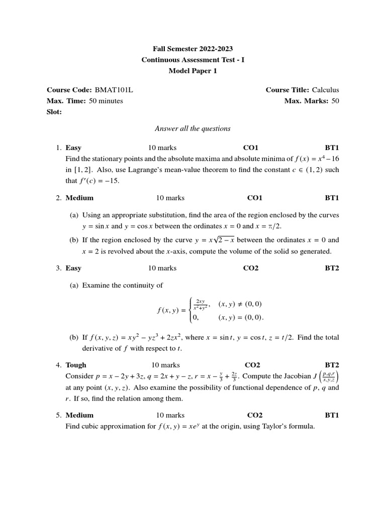 Fs 2022 23 Cat 1 Matb101l Calculus Model Paper 1 Pdf Maxima