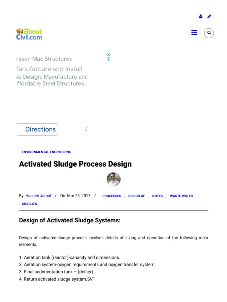 Activated Sludge Process Design - Calculation, Example With Procedure | PDF