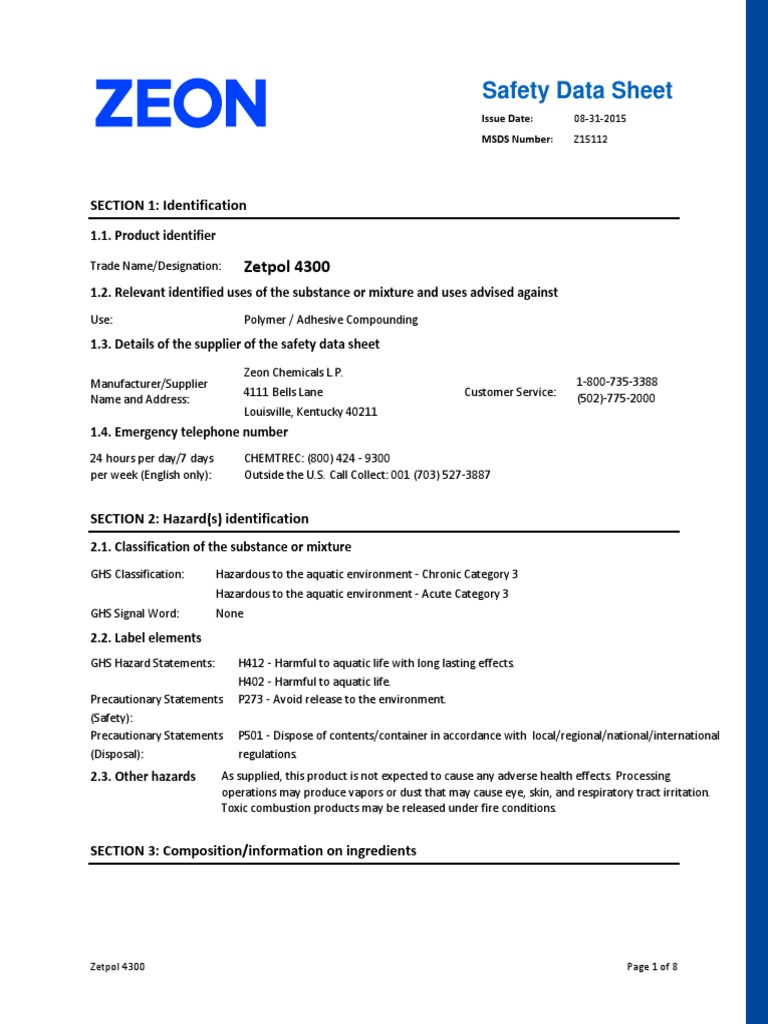 Safety Data Sheet for Zetpol 4300 Polymer Hazard Information and Handling Procedures PDF