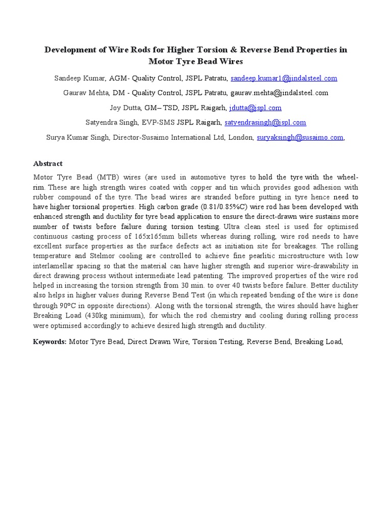 Development of Wire Rods For Higher Torsion & Reverse Bend Properties ...
