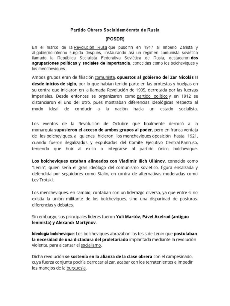 Partido Obrero Socialdemócrata de Rusia PDF Bolcheviques Vladimir
